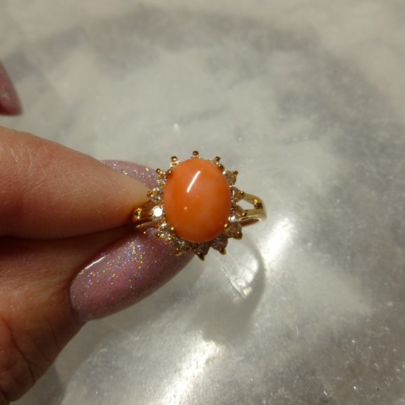 18k Gold EP Coral Swarovski Crystals Dolphin Ore Ring - Picture 2 of 11